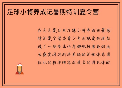 足球小将养成记暑期特训夏令营